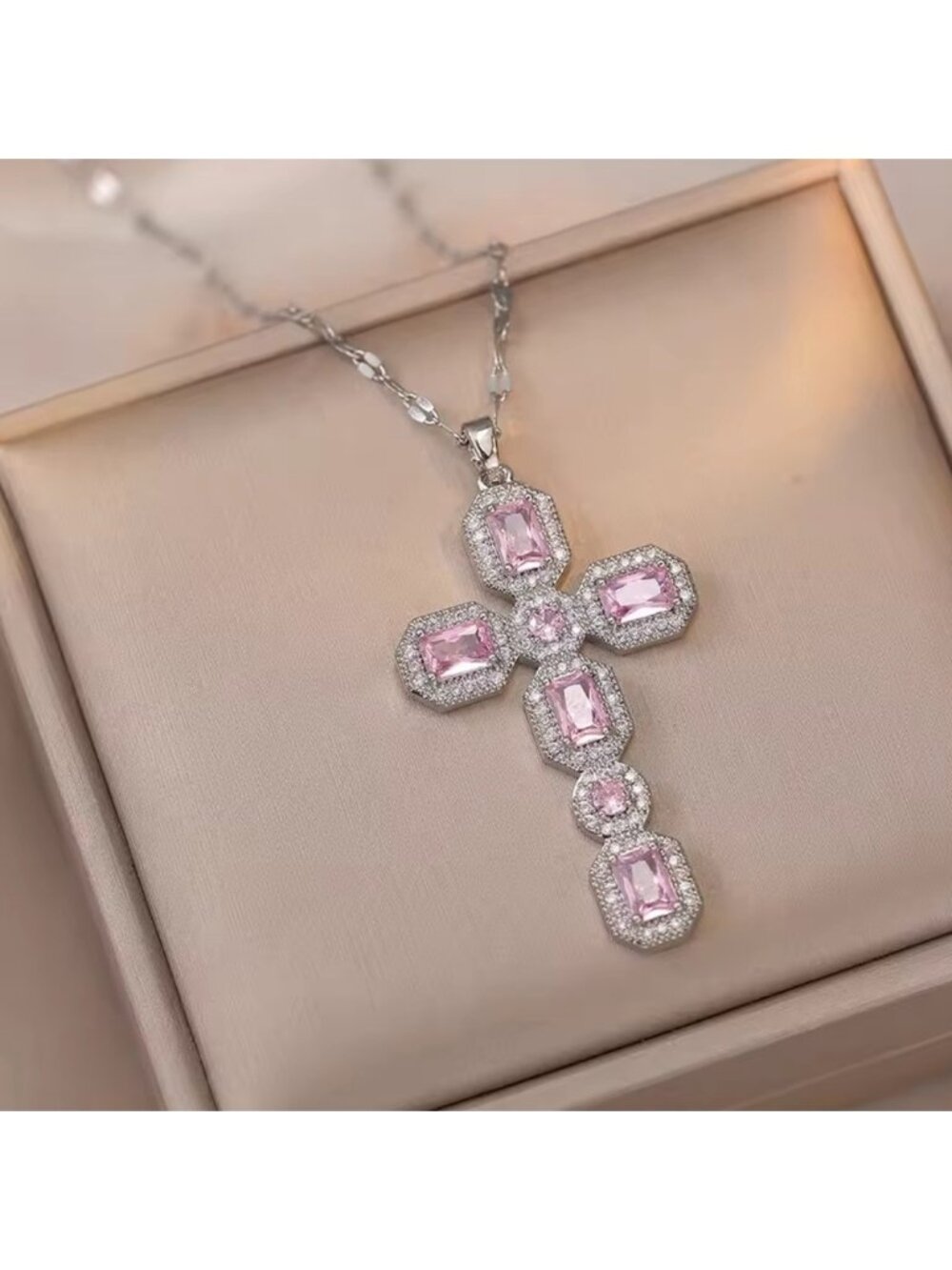 Silver Pink Diamond Cross Necklace